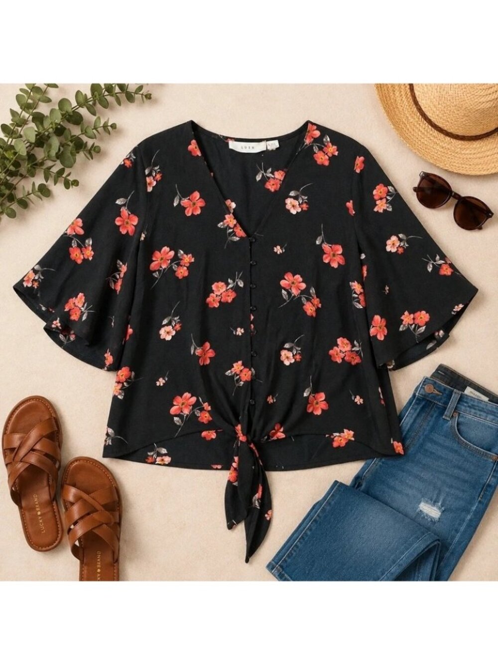 LUSH Black Floral Tie Front Blouse Bell Sleeve Size L